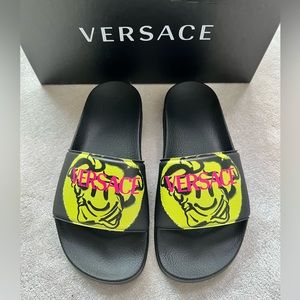 Versace Medusa Smiley Face Black Yellow Pool Slides Sandals